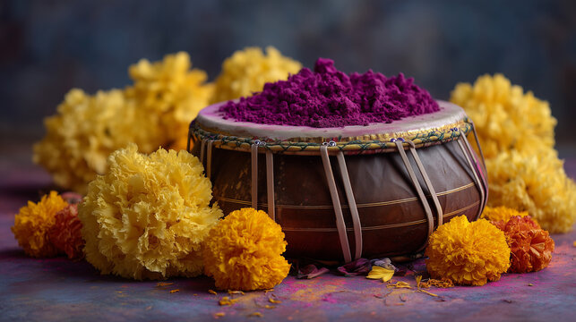 Symbolic still life of Holi color powder spilling across weathered tabla drum and marigold garlands celebrating spring cultural heritage, perfect for artistic tradition, festive expression, and cont