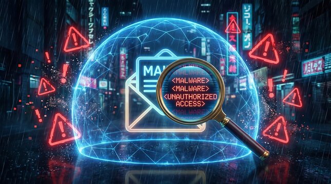 Cybersecurity malware detection concept, digital email phishing protection, magnifying glass scanning for unauthorized access in neon city