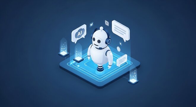 Robot on digital platform with icons.