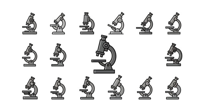 Microscopes arrayed on white background in scientific or laboratory themed illustration