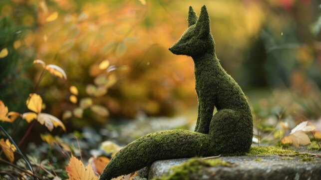 Moss-covered fox sculpture sits gracefully on a stone. Surrounding leaves glow warmly in autumn light. The scene feels serene and enchanting. Perfect for seasonal marketing, fantasy themes