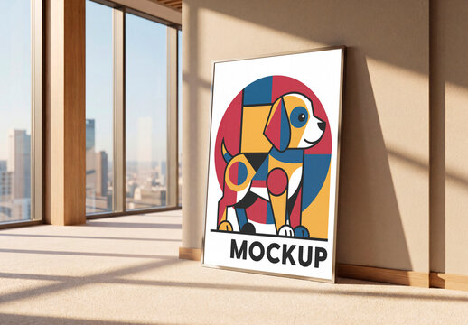 Minimal frame poster mockup leaning in sunlit modern room