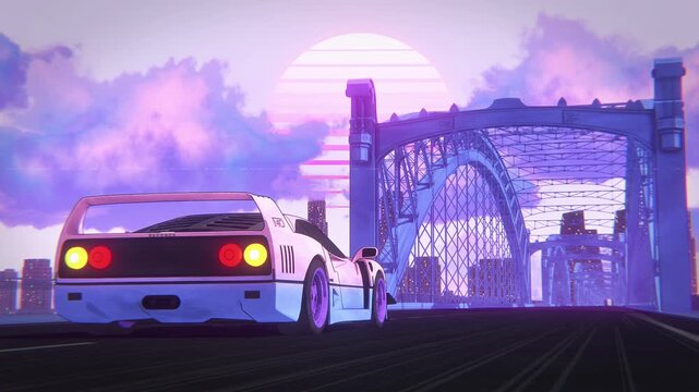 Retro Synthwave Car Bridge Drive, Loop animation	
