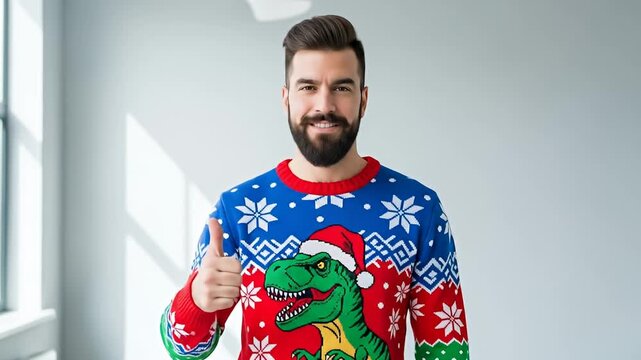Festive Fun - Man in Dinosaur Christmas Sweater Gives Thumbs Up.