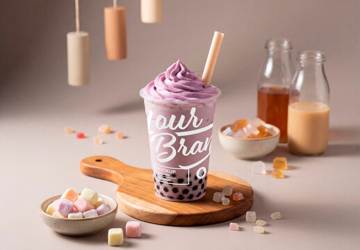 Bubble tea drink mockup with toppings aesthetic scene