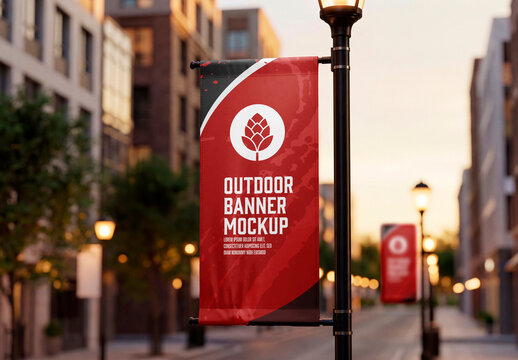 Street lamp banner mockup urban sunset perspective