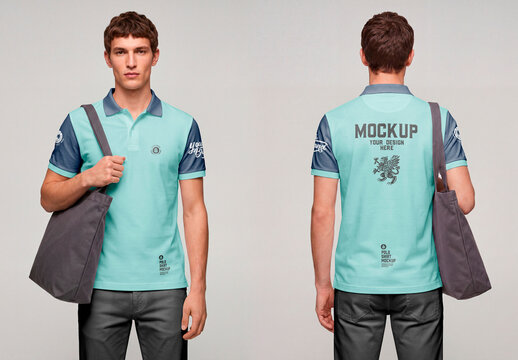 Polo shirt front and back with tote bag mockup