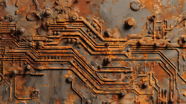 Rusty circuit board texture with corroded electronic pathways for industrial technology background