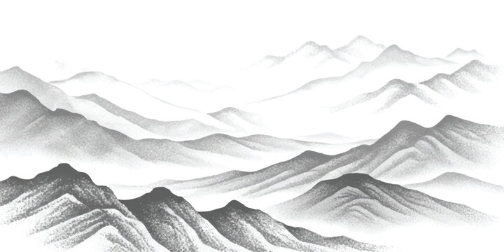 Black and white ink wash painting of mountain landscape with misty hills and clouds in traditional style