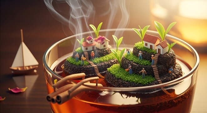 Tiny civilization living inside a glass of tea, with miniature people farming tea leaves and building houses, warm lighting, macro photography style, hyper realistic, whimsical co