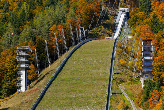 Autumn landscape of the Planica Ski jumping hills in Slovenia, Europe	