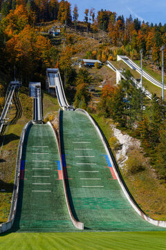 Autumn landscape of the Planica Ski jumping hills in Slovenia, Europe	