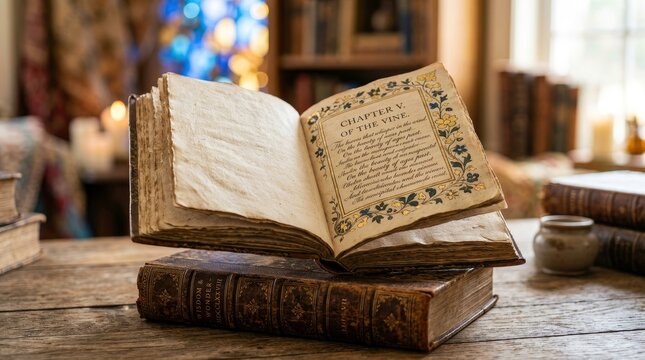 Open antique book on wooden table with detailed chapter titles and aged paper.