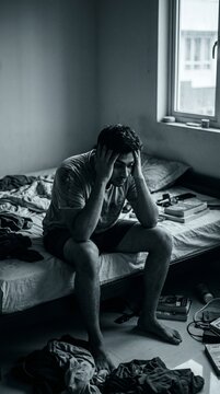 Young Indian man feeling stressed sitting on bed, mental health concept