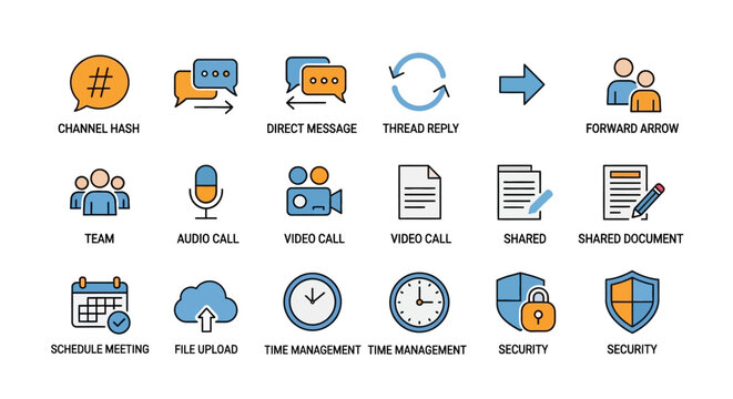 Business Communication and Team Collaboration Icon Set in Hand Drawn Style.
