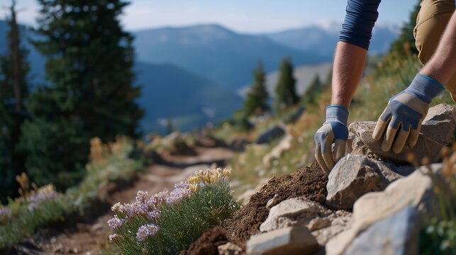 Wilderness volunteers repair eroded switchback trail with rock placement, mountain vista stretching beyond, dirt-stained gloves gripping stone, alpine wildflowers dotting slope, elevation gain