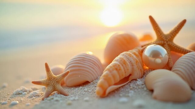 Seashells with pearl and starfish on white sand in golden hour light