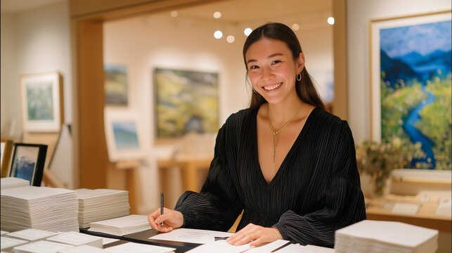 Fundraiser volunteer manages silent auction table displaying donated artwork, bid sheets organized, gallery lighting highlighting pieces, elegant event atmosphere, tracking participant interest,