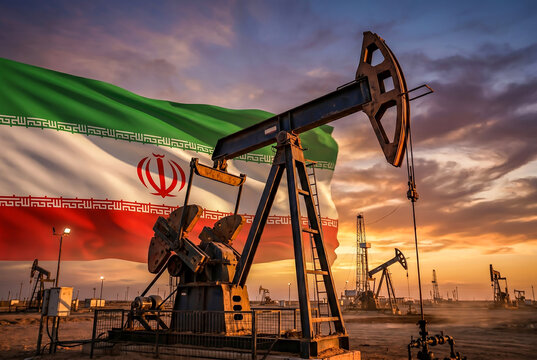 Oil pump jack extracting crude oil with a waving Iranian flag in the background during sunset. Generative AI