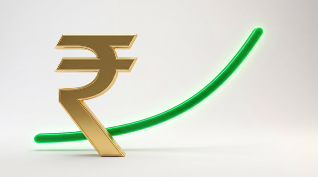 Indian Rupee Symbol with Upward Green Growth Arrow