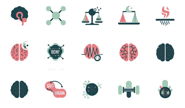 Cognitive optimization and neurology education icons for brain training platforms medical research dashboards and health technology interface design for mental wellness applications