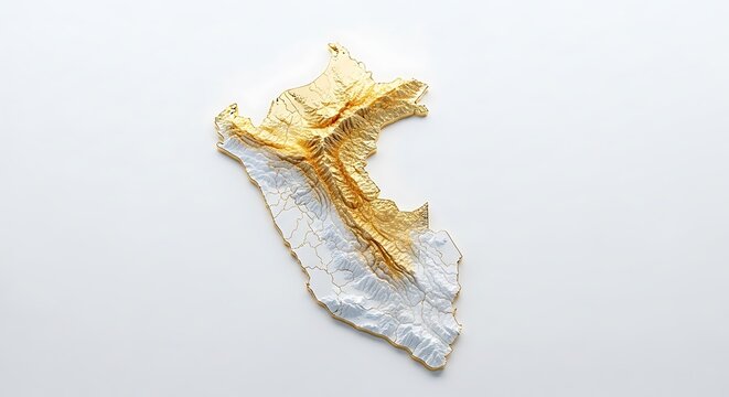 Detailed 3d topographic map of Peru with golden Andes mountains and white coastal regions isolated on a white background.