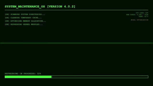 Futuristic System Maintenance OS HUD with Green Digital Progress Bar and Computer Optimization Kernel Refresh Monitoring Interface.