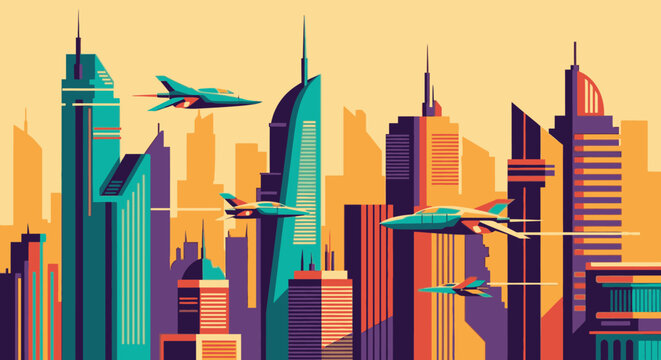 Futuristic cityscape with sleek skyscrapers and flying jets soaring overhead at sunset