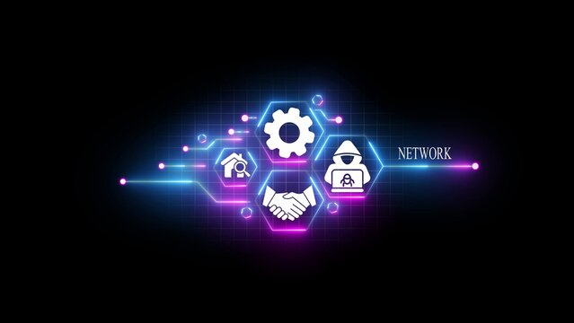 Digital network concept featuring glowing neon hexagons with white of a gear, house, handshake, and hooded hacker on a dark grid background, with blue and, purple light trails