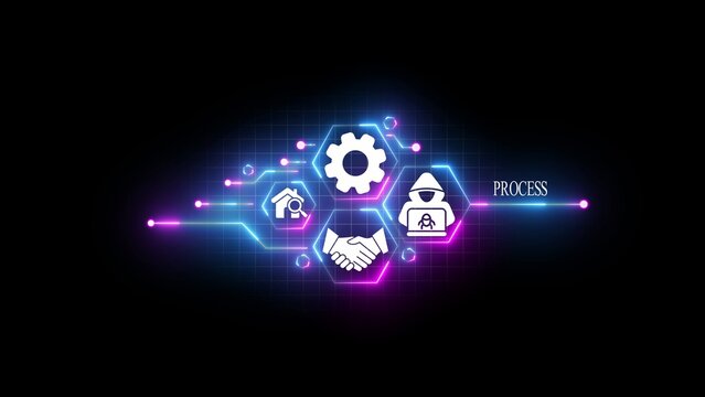 Digital process infographic featuring glowing blue and purple neon hexagonal frames, white of a gear, a house with a magnifying glass, a handshake, and a hooded hacker on a black background