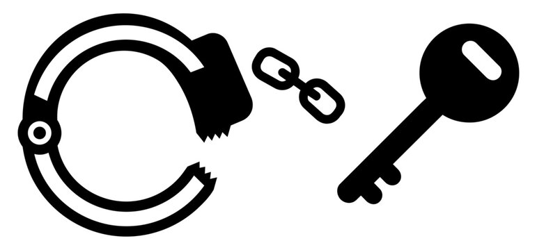 Broken handcuff and key silhouette icon symbolizing freedom and liberation