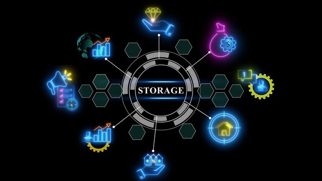 Digital storage concept infographic with a glowing neon central hub, hexagonal connectors, and radiating data management, financial, and network on a solid black background