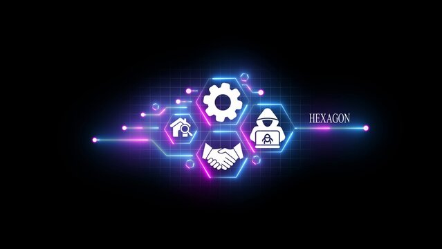 Glowing neon blue and purple hexagonal network interface featuring white of a gear, a house with a magnifying glass, a handshake, and a hooded hacker figure on a dark black grid background