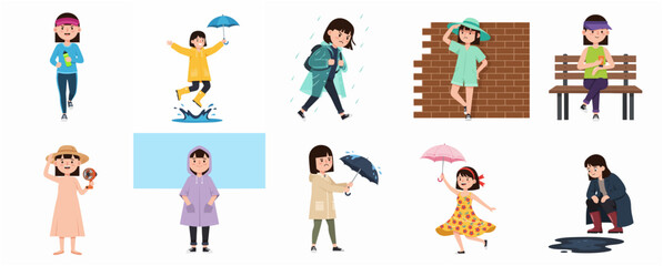 Fototapeta premium Set of Girl Character Illustrations Experiencing Various Weather Conditions, Including Rain and Sun, Wearing Raincoats and Summer Outfits, Vector Concept for Outdoor Activities