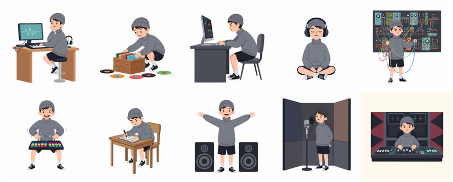 Flat illustration set of a young music producer character in various studio activities and sound engineering poses