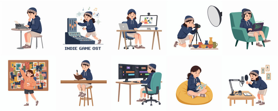 Collection of Young Creative Character Illustrations Representing Various Freelance Occupations and Digital Hobbies