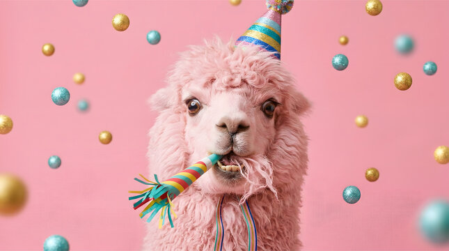 Playful and festive llama wearing a colorful party hat and blowing a party horn surrounded by colorful confetti in a cheerful pink background perfect for celebrations and events