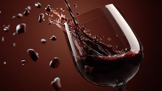 A cold drink glass with red drink splashing out of it against a dark brown background