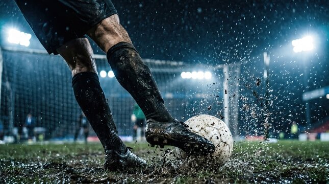Professional soccer player kicking ball showcasing wet weather cleat traction
