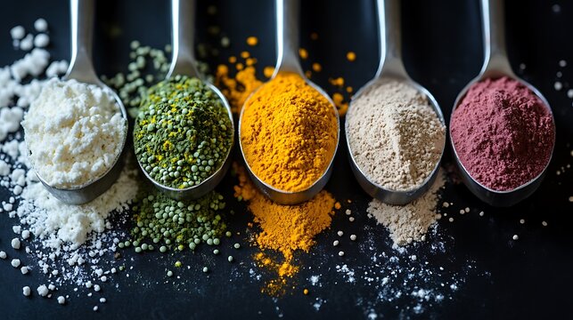 Colorful powder supplements in spoons on black background for healthy nutrition and wellness