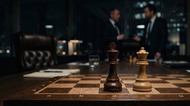 Chess pieces symbolizing hostile takeover strategy during corporate boardroom negotiation