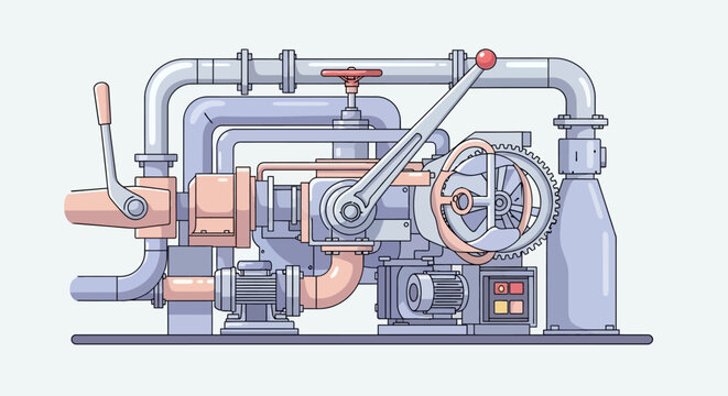 Industrial machinery schematic illustration featuring intricate pipelines and operational mechanisms