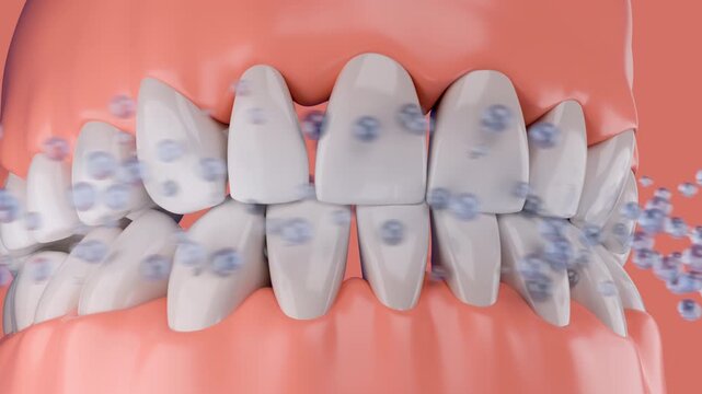 Concept health. Plenty bubbles fall down to help clean stains and bacteria that are clinging to teeth over a light blue background. Video for toothpaste products advertising. 3D render