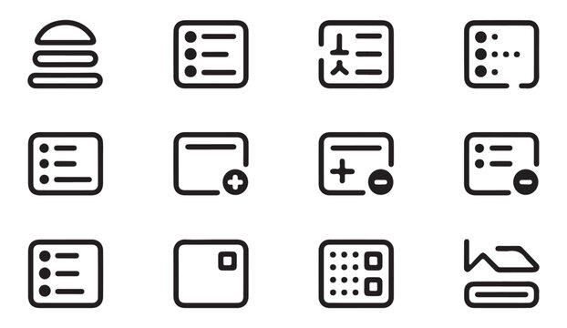 Linear user interface menu and list item icons for mobile application layout and web design elements.