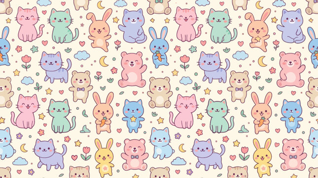 Seamless kawaii animal pattern with cute cats bunnies and teddy bears on cream background