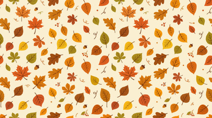 Seamless autumn leaves pattern with colorful fall foliage acorns and berries on beige background © Mimo95