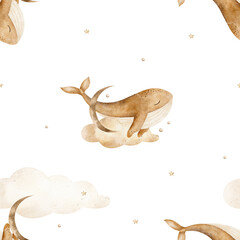 Obraz premium Seamless pattern monochrome whale swims in clouds, moon, stars. Watercolor print in beige pastel color. Hand drawn illustrations isolated for textile design, fabric, wallpapers, cards, dreams, sleep