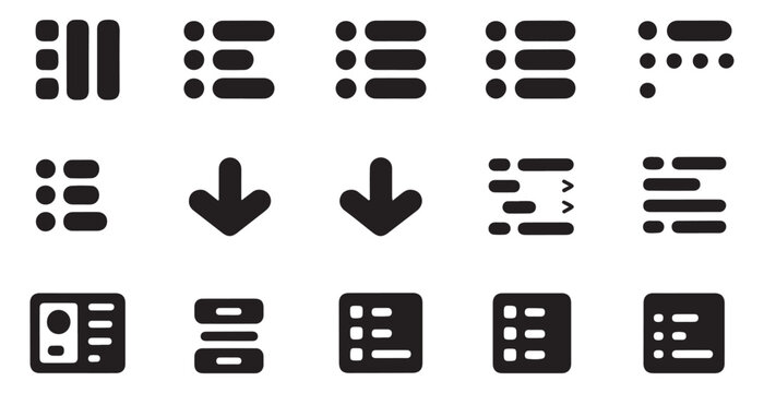 Set of modern minimal vector line icons featuring various list views and menu interface navigation.