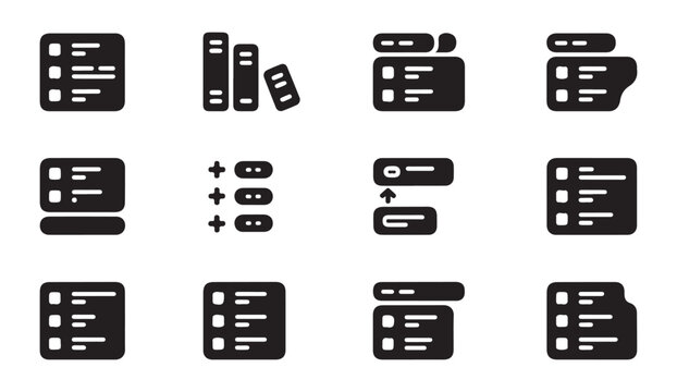 Vector icon collection showing diverse document management options and file list interface designs.