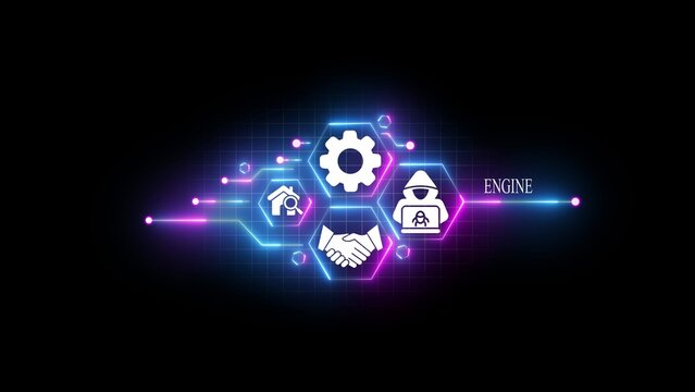 Neon hexagonal interface with white gear, house, handshake, and hacker featuring glowing blue and pink circuit lines and the word engine on a dark grid background, digital technology concept